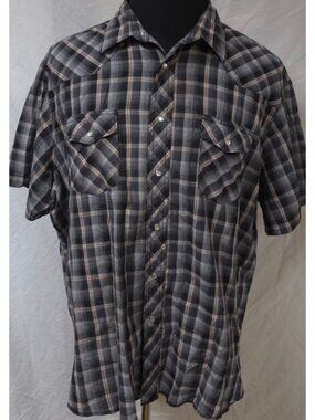 Wrangler Mens XXL Black Grey Plaid Pearl Snap Short Sleeve Western Shirt